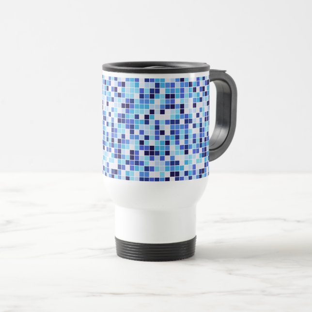 Pool Tiles, Blue Mosaic Tiles, Geometric Pattern Travel Mug (Front Right)