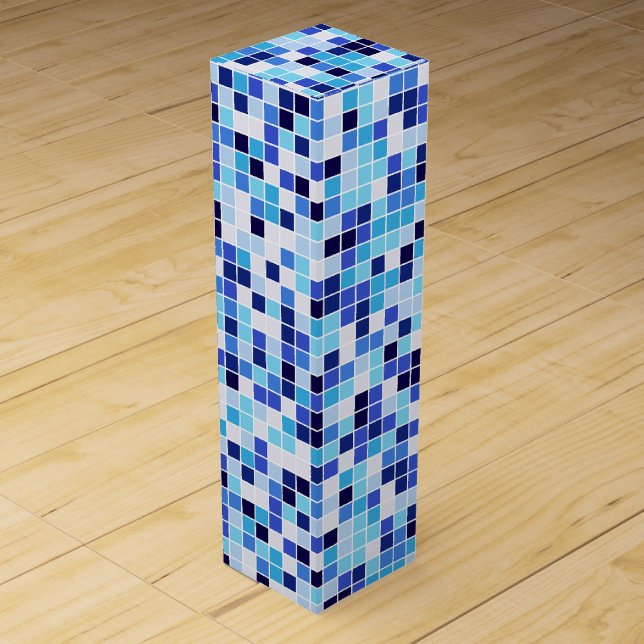 Pool Tiles, Blue Mosaic Tiles, Geometric Pattern Wine Box (Front)