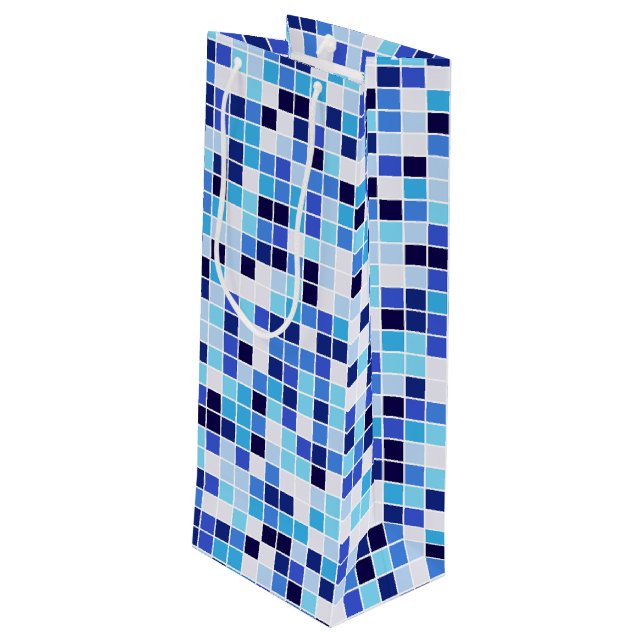 Pool Tiles, Blue Mosaic Tiles, Geometric Pattern Wine Gift Bag (Back Angled)