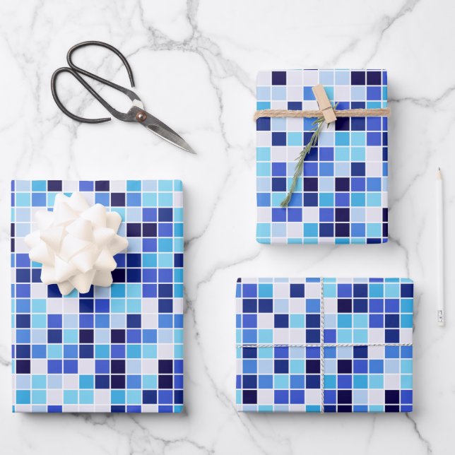 Pool Tiles, Blue Mosaic Tiles, Geometric Pattern Wrapping Paper Sheets (Front)