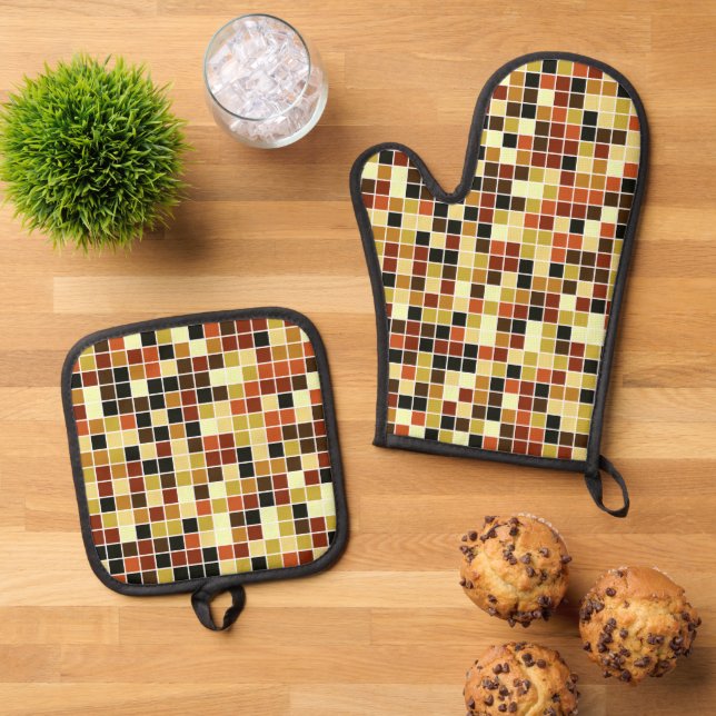 Pool Tiles, Brown Mosaic Tiles, Geometric Pattern Oven Mitt & Pot Holder Set (Top Down)