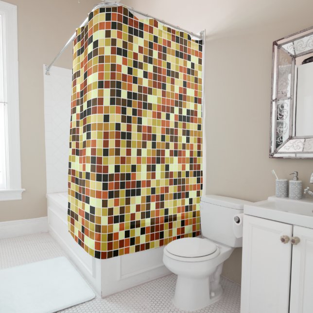 Pool Tiles, Brown Mosaic Tiles, Geometric Pattern Shower Curtain (In Situ)