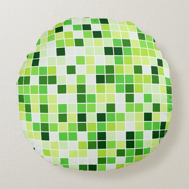 Pool Tiles, Green Mosaic Tiles, Geometric Pattern Round Pillow (Front)