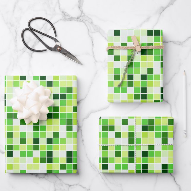 Pool Tiles, Green Mosaic Tiles, Geometric Pattern Wrapping Paper Sheets (Front)