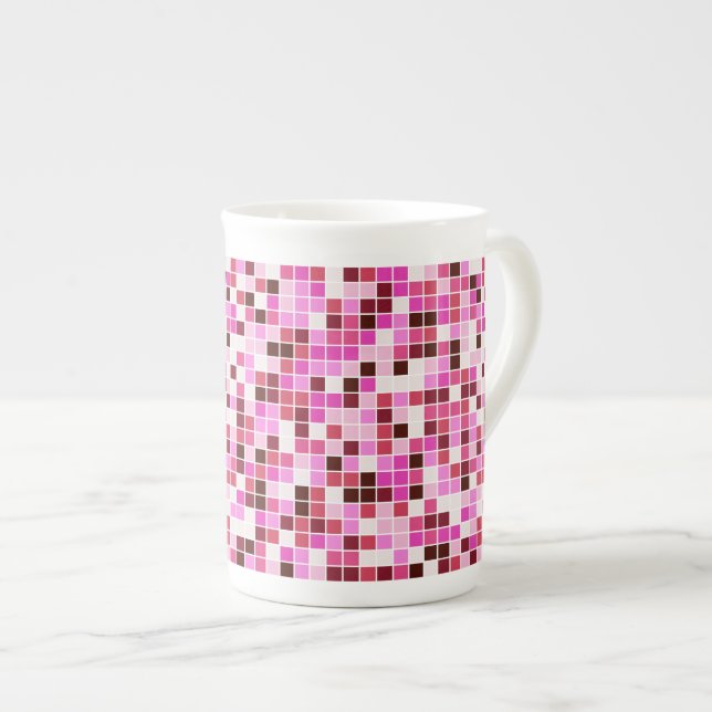 Pool Tiles, Pink Mosaic Tiles, Geometric Pattern Bone China Mug (Front Right)