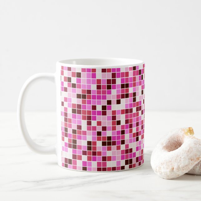 Pool Tiles, Pink Mosaic Tiles, Geometric Pattern Coffee Mug (With Donut)