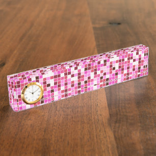 Pool Tiles, Pink Mosaic Tiles, Geometric Pattern Desk Name Plate