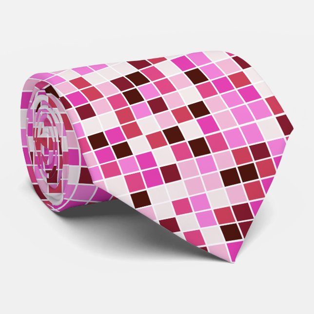 Pool Tiles, Pink Mosaic Tiles, Geometric Pattern Neck Tie (Rolled)
