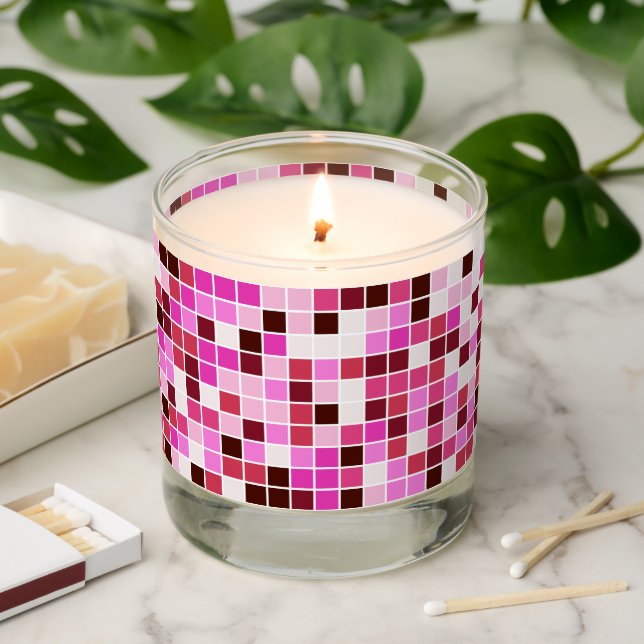 Pool Tiles, Pink Mosaic Tiles, Geometric Pattern Scented Candle (Lit)