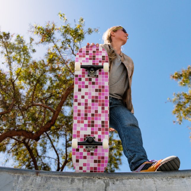 Pool Tiles, Pink Mosaic Tiles, Geometric Pattern Skateboard (Outdoor 1)