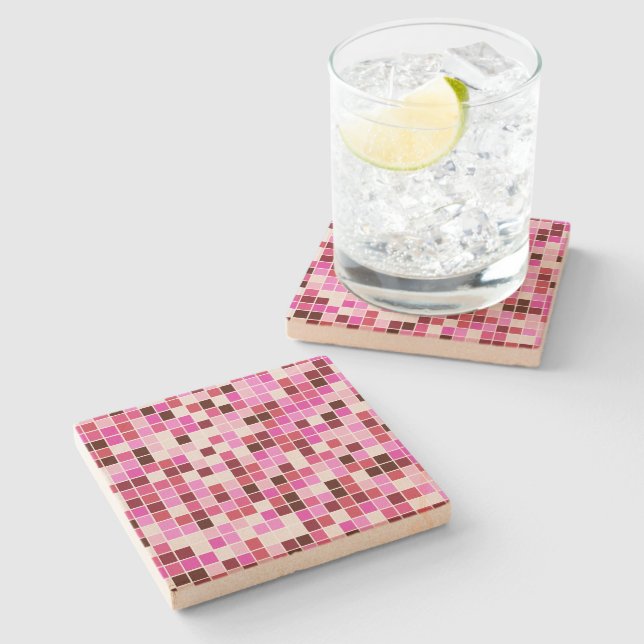 Pool Tiles, Pink Mosaic Tiles, Geometric Pattern Stone Coaster (Side)