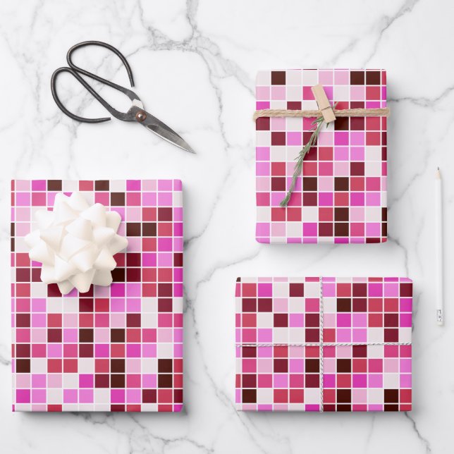 Pool Tiles, Pink Mosaic Tiles, Geometric Pattern Wrapping Paper Sheets (Front)
