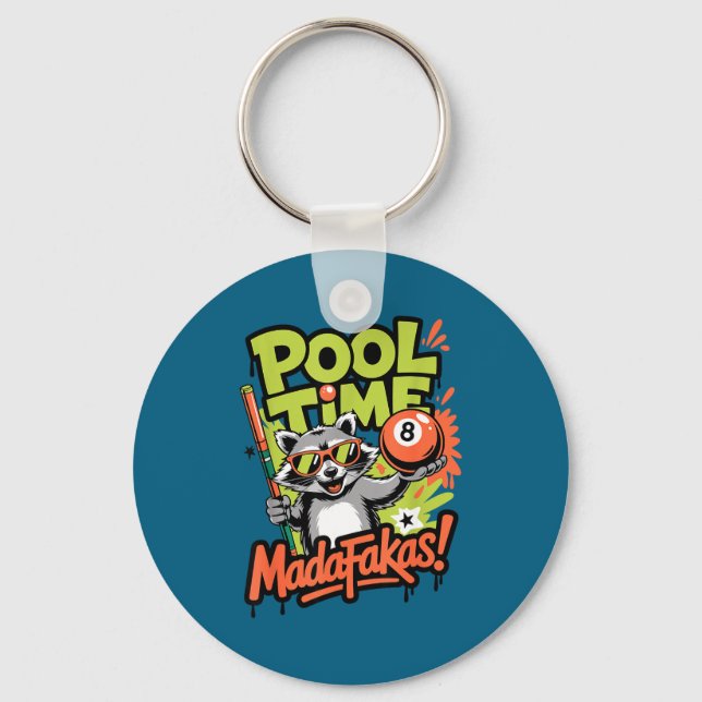 Pool time madafakas funny raccoon billiards player keychain (Front)