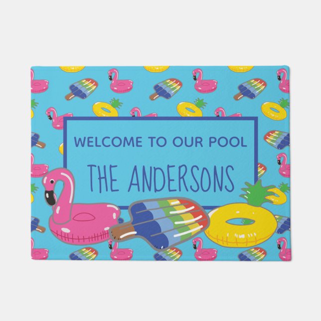 Pool Welcome Mat Bright Blue Pool Floats Pattern (Front)