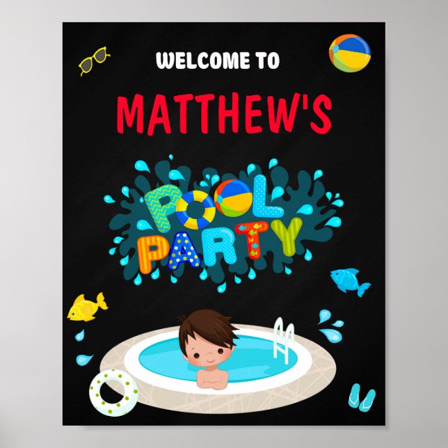 Pool welcome party sign Boy beach water fun party (Front)