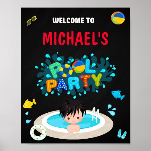 Pool welcome party sign Boy waterslide pool party