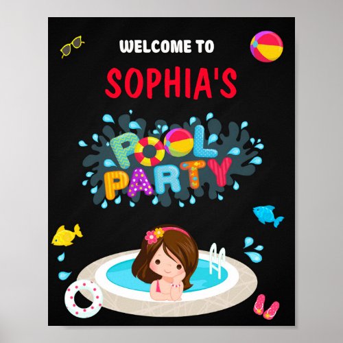 Pool welcome party sign Girl waterslide pool party