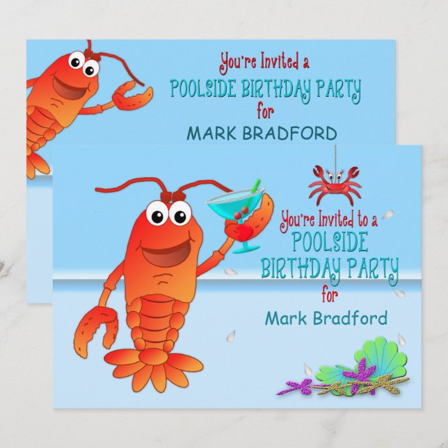 POOLSIDE  BIRTHDAY PARTY INVITATION -Lobster/Drink (Front/Back)
