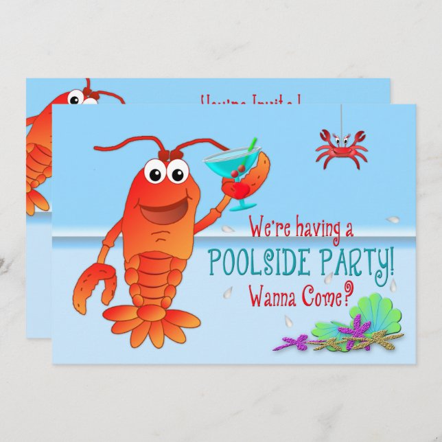 POOLSIDE PARTY INVITATION - Lobster with Drink (Front/Back)