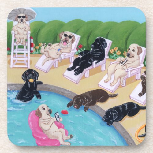 Poolside Party Labradors Painting Coaster