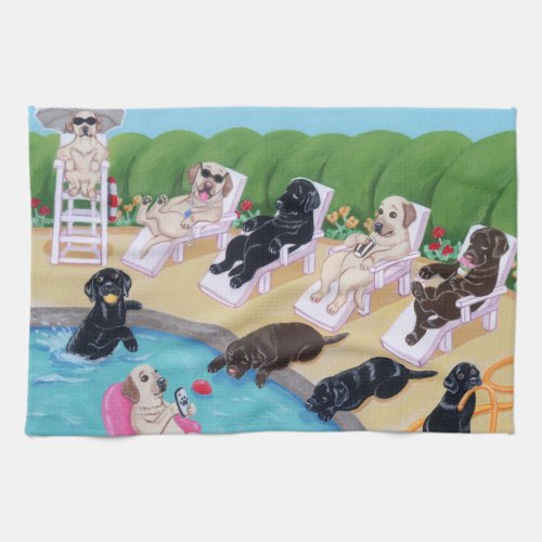 Poolside Party Labradors Painting Kitchen Towel