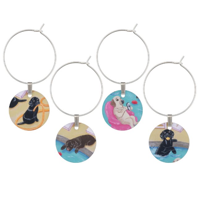 Poolside Party Labradors Painting Wine Glass Charm (Staggered)