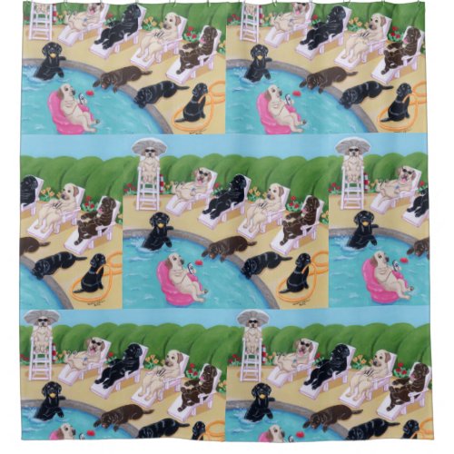 Poolside Party Labradors Shower Curtain