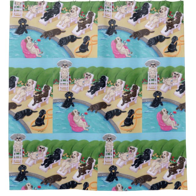 Poolside Party Labradors Shower Curtain (Front)