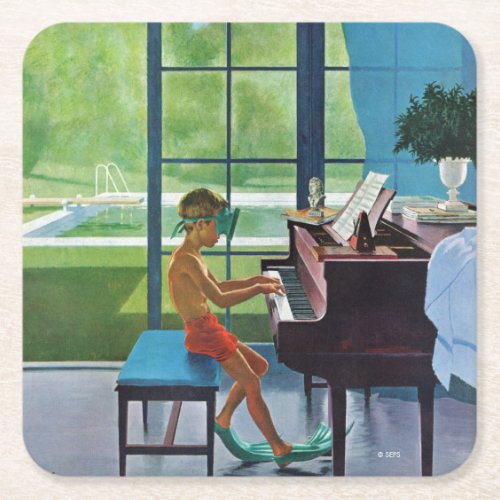 Poolside Piano Practice Square Paper Coaster