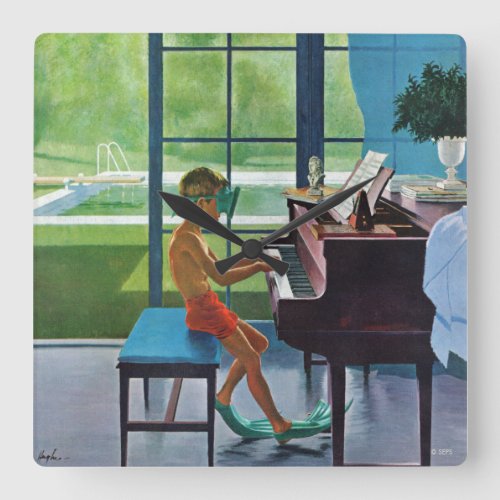 Poolside Piano Practice Square Wall Clock