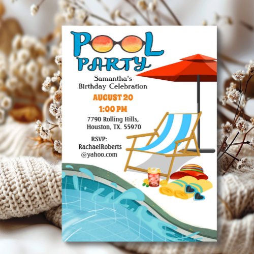 Poolside Pool Party Birthday  Invitation