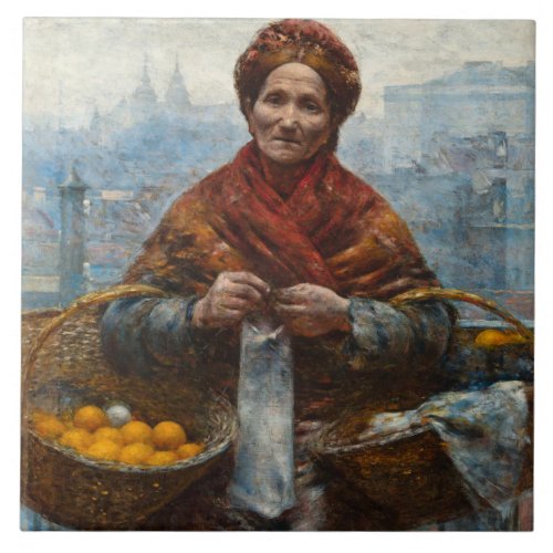 Poor Jewish Woman Selling Oranges in Poland Ceramic Tile