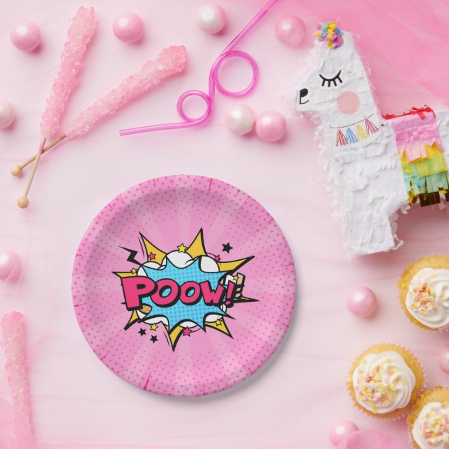 Poow Comic Book Superhero Girl's Birthday Paper Plates (Party)