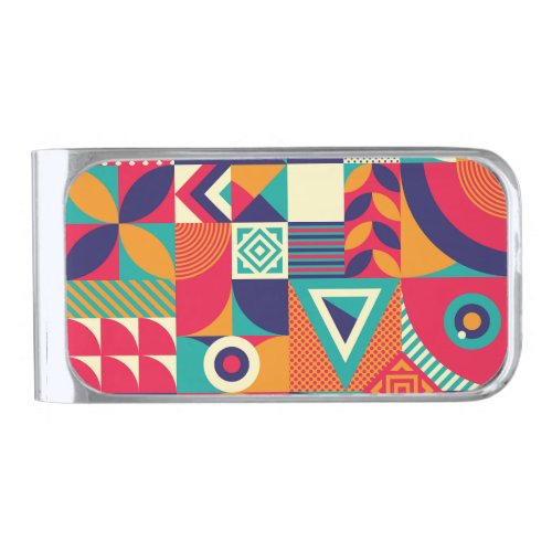 Pop abstract geometric shapes seamless pattern silver finish money clip