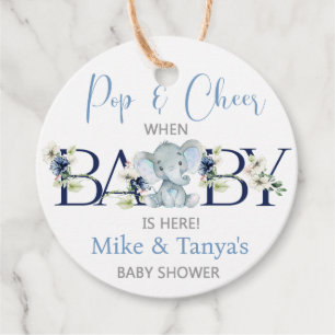 Pop and cheer elephant boy baby shower tags. favor tags
