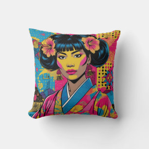 Pop Art Asian Woman in Floral Kimono Throw Pillow