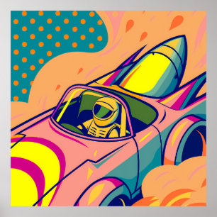 Pop Art Astronaut Driving Rocket Car Poster