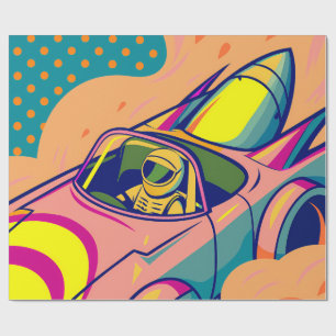 Pop Art Astronaut Driving Rocket Car Wrapping Paper