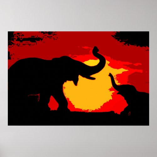 Pop Art Baby  Mom Elephants at Red Sunset Poster