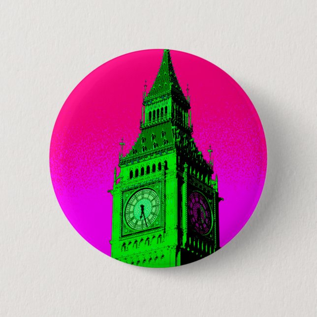 Pop Art Big Ben London Travel Pink Green Button (Front)
