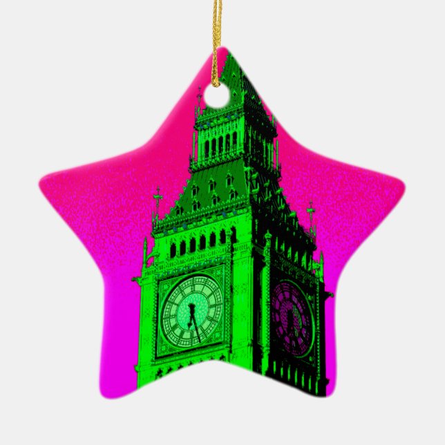 Pop Art Big Ben London Travel Pink Green Ceramic Ornament (Front)