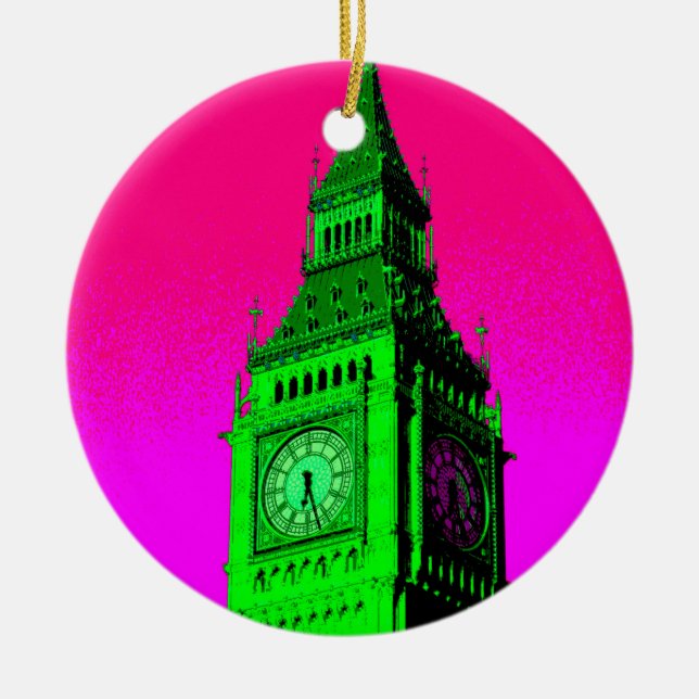 Pop Art Big Ben London Travel Pink Green Ceramic Ornament (Front)