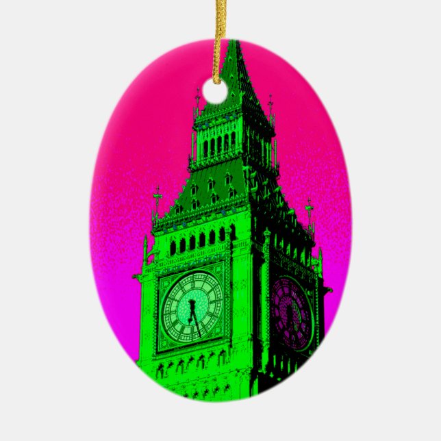 Pop Art Big Ben London Travel Pink Green Ceramic Ornament (Front)