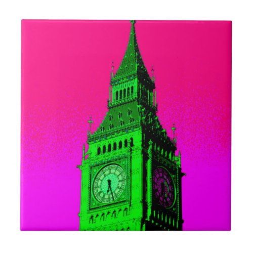 Pop Art Big Ben London Travel Pink Green Ceramic Tile