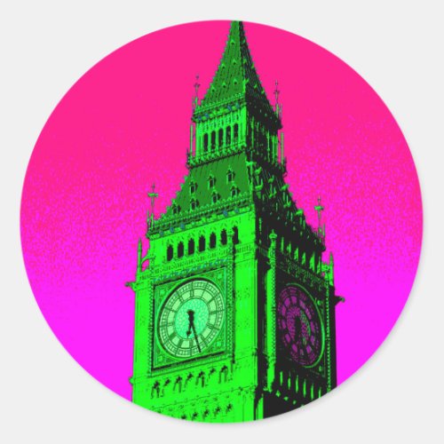 Pop Art Big Ben London Travel Pink Green Classic Round Sticker