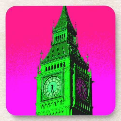 Pop Art Big Ben London Travel Pink Green Drink Coaster