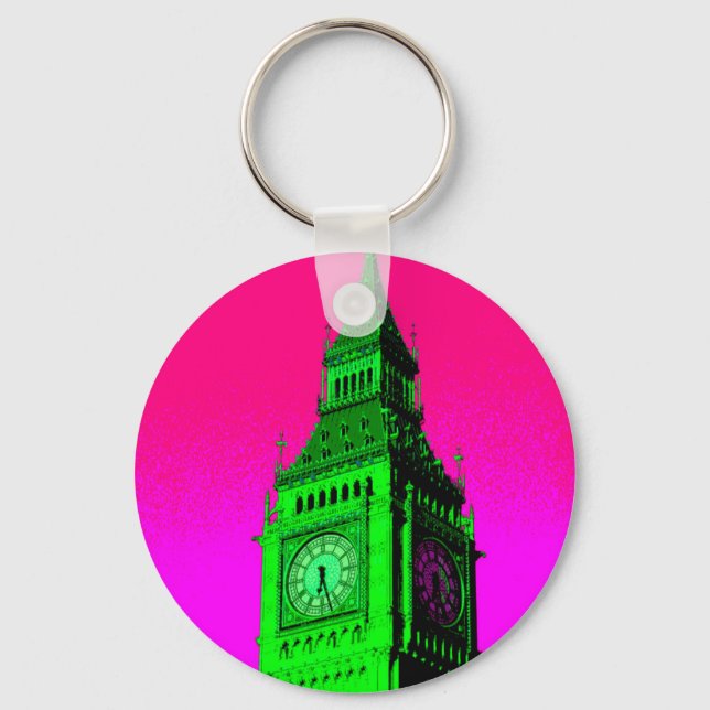Pop Art Big Ben London Travel Pink Green Keychain (Front)