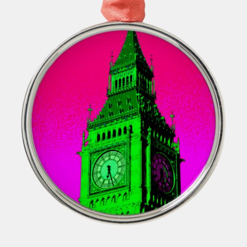 Pop Art Big Ben London Travel Pink Green Metal Ornament