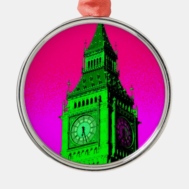 Pop Art Big Ben London Travel Pink Green Metal Ornament (Front)