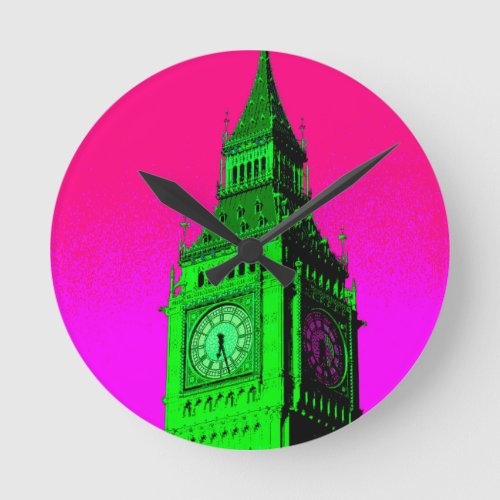 Pop Art Big Ben London Travel Pink Green Round Clock